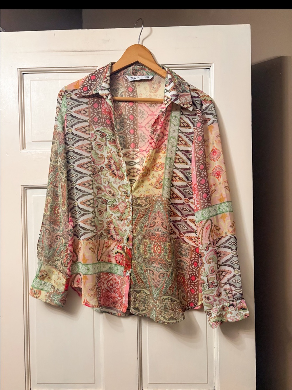 ZARA Patchwork Paisley Button Down Shirt Women’s M Boho 70s Print Blouse
